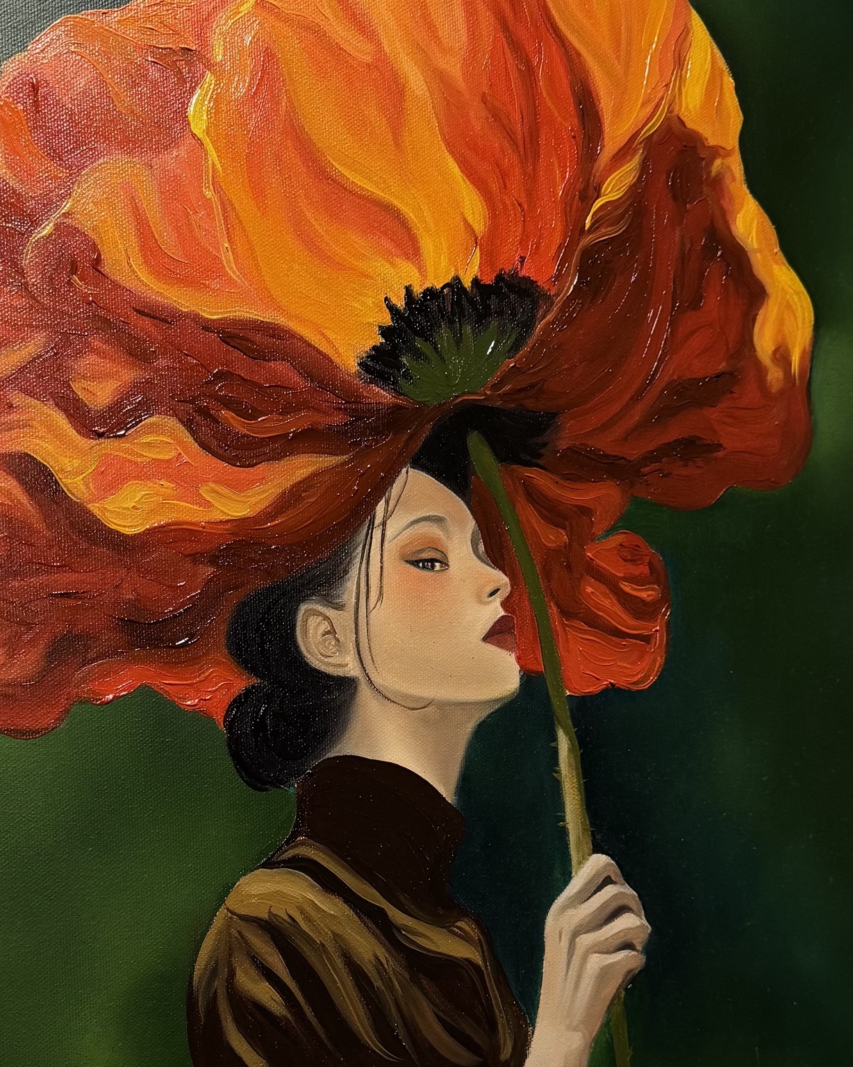 Close detail of Bloom, an acrylic painting of a woman with a large orange flower