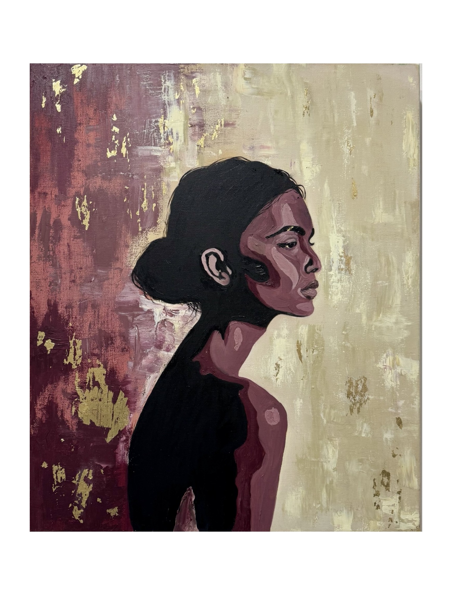 Oil portrait of a woman in profile against a plum and gold textured ground by Shehara