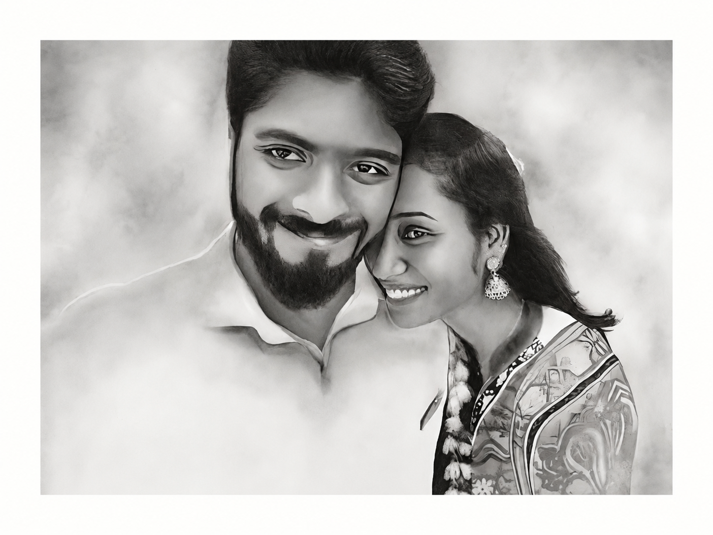 Graphite portrait of a smiling couple by Shen Art