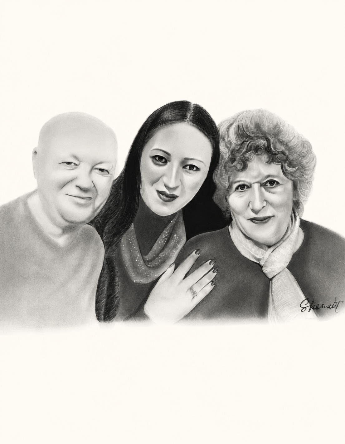 Graphite portrait of three family members by Shen Art
