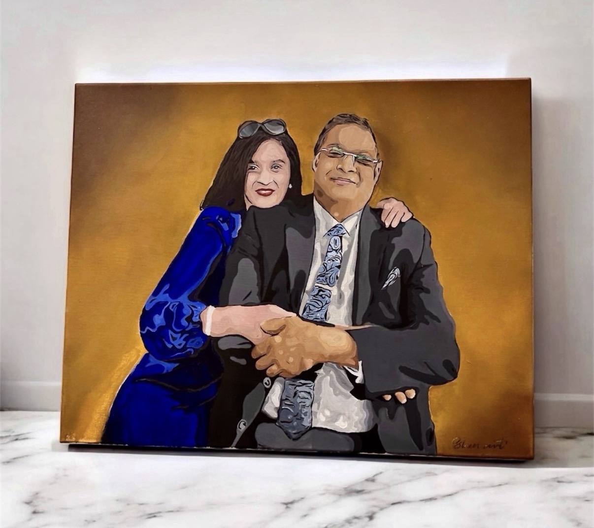 Acrylic portrait of a couple against an ochre background by Shen Art