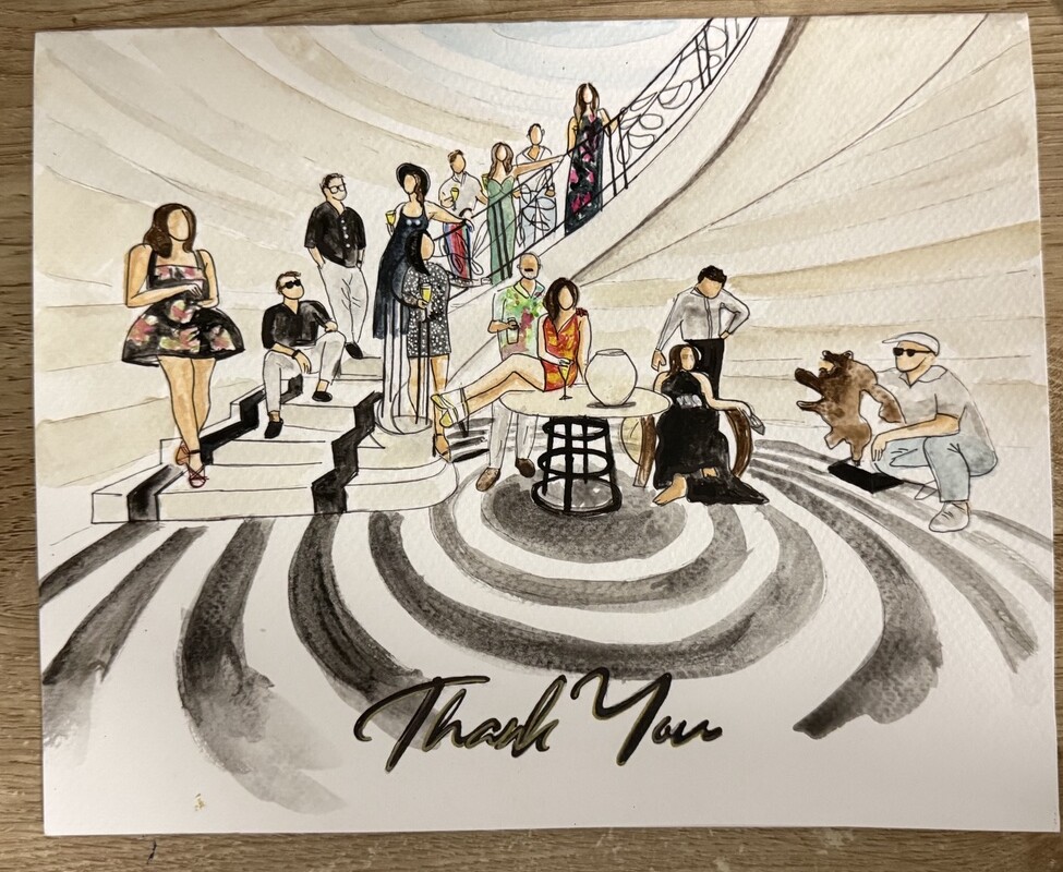 Watercolour and ink illustration of people gathered in an elegant interior by Shen Art